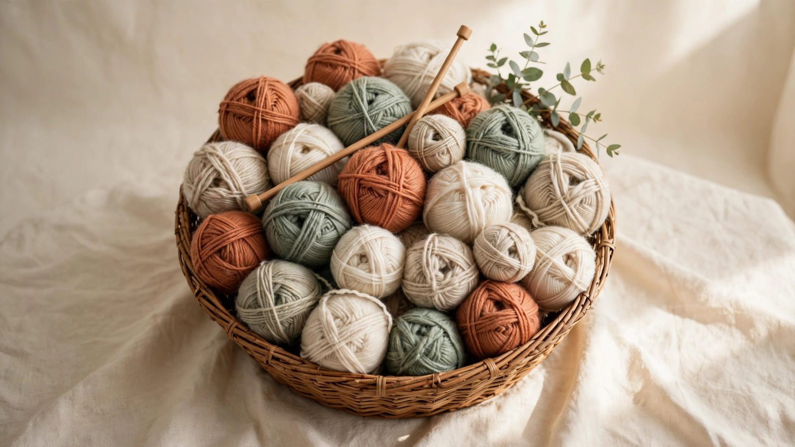 Basket of yarn in terracotta, sage and cream with knitting needles